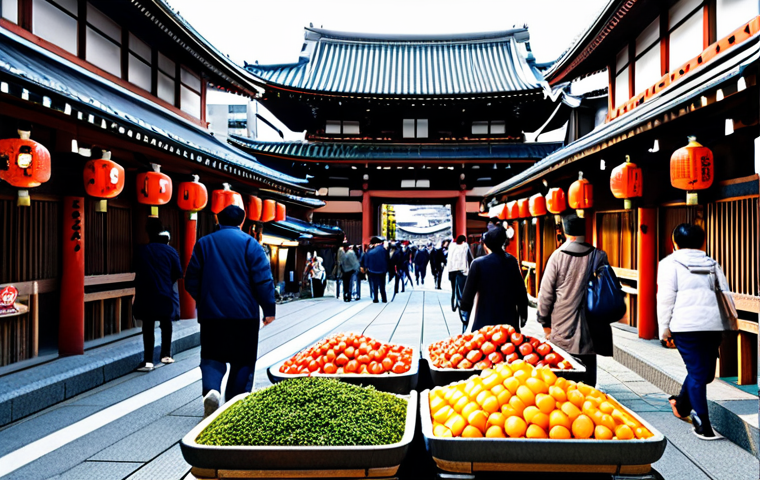 **Asakusa Temple Scene:** "A vibrant street scene in Asakusa, Tokyo, featuring the Senso-ji temple in the background. Focus on the Nakamise-dori street, filled with food stalls and souvenir shops. People are strolling, fully clothed in modest, everyday attire. Capture the traditional architecture and bustling atmosphere. safe for work, appropriate content, professional photography, perfect anatomy, correct proportions, well-formed hands, proper finger count, natural body proportions, high quality, family-friendly."
