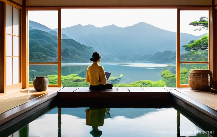 일본 온천 여행 추천 - **Prompt: Tranquil Onsen Workcation with Mountain Views**
    A serene scene featuring a woman in he...