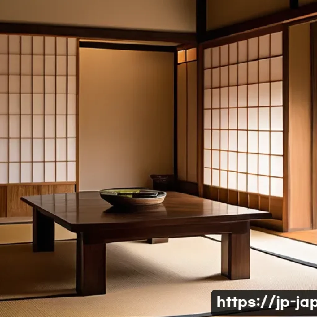 일본 전통 가옥 양식 - A traditional Japanese wooden house interior showcasing natural materials: thick wooden pillars and ...