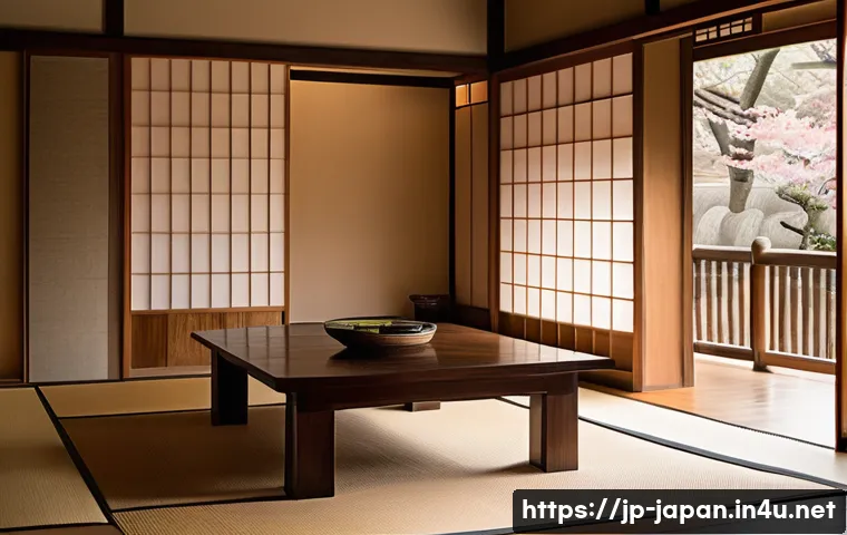 일본 전통 가옥 양식 - A traditional Japanese wooden house interior showcasing natural materials: thick wooden pillars and ...