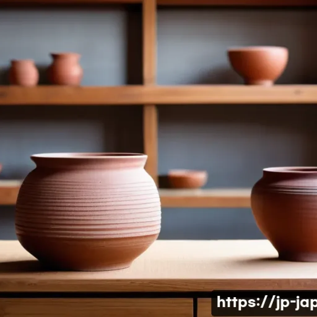일본 전통 도자기 제작 - A detailed close-up of traditional Japanese pottery from Shigaraki region, showcasing its rustic, ro...
