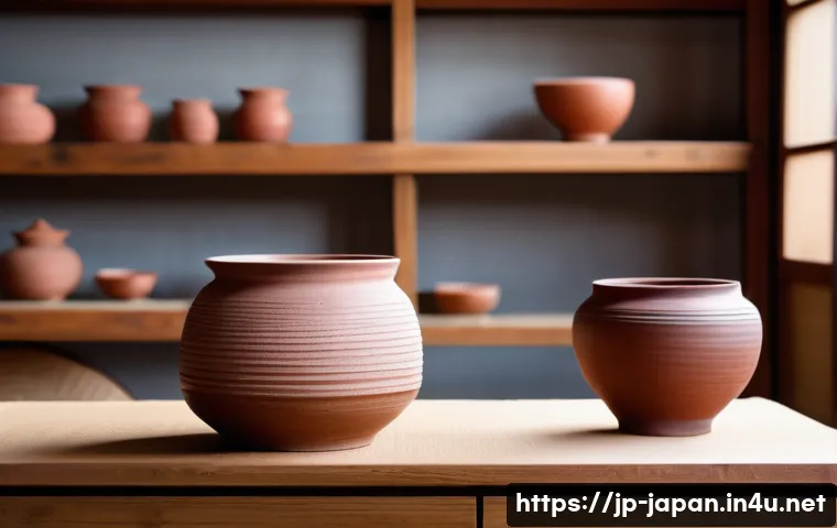 일본 전통 도자기 제작 - A detailed close-up of traditional Japanese pottery from Shigaraki region, showcasing its rustic, ro...