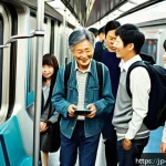일본의 지하철 예절 - A modern Japanese subway scene during a busy commute, showing a diverse group of passengers practici...