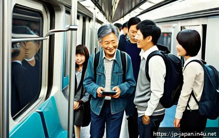 일본의 지하철 예절 - A modern Japanese subway scene during a busy commute, showing a diverse group of passengers practici...