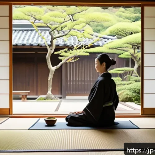 일본 사회의 장수 비결 - A serene Japanese home interior featuring a traditional wooden engawa veranda overlooking a lush gre...