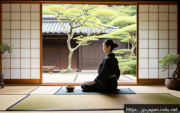 일본 사회의 장수 비결 - A serene Japanese home interior featuring a traditional wooden engawa veranda overlooking a lush gre...