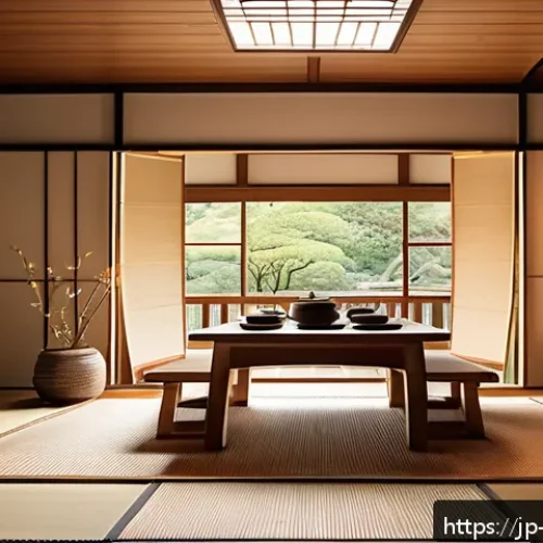 일본과 서양 문화의 융합 사례 - A cozy modern Japanese dining room scene featuring a beautifully set table with a fusion meal: a tra...