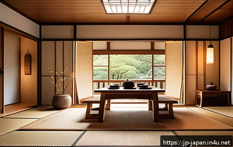 일본과 서양 문화의 융합 사례 - A cozy modern Japanese dining room scene featuring a beautifully set table with a fusion meal: a tra...