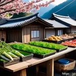 일본 지역별 특산물 - A rustic Japanese mountain village market scene in early spring, featuring local farmers displaying ...
