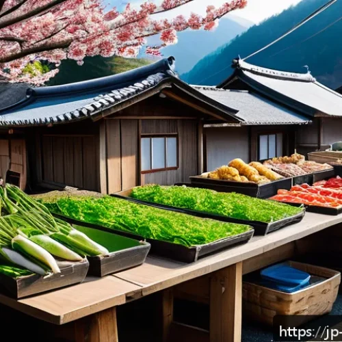 일본 지역별 특산물 - A rustic Japanese mountain village market scene in early spring, featuring local farmers displaying ...