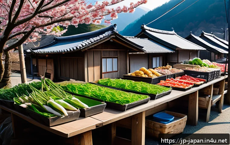 일본 지역별 특산물 - A rustic Japanese mountain village market scene in early spring, featuring local farmers displaying ...