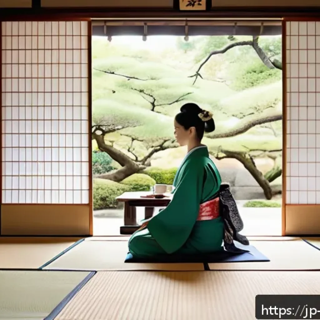 일본 다도 예술 - A serene Japanese tea room interior with traditional tatami mats, shoji sliding doors, and a simple ...