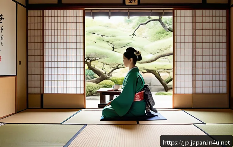 일본 다도 예술 - A serene Japanese tea room interior with traditional tatami mats, shoji sliding doors, and a simple ...