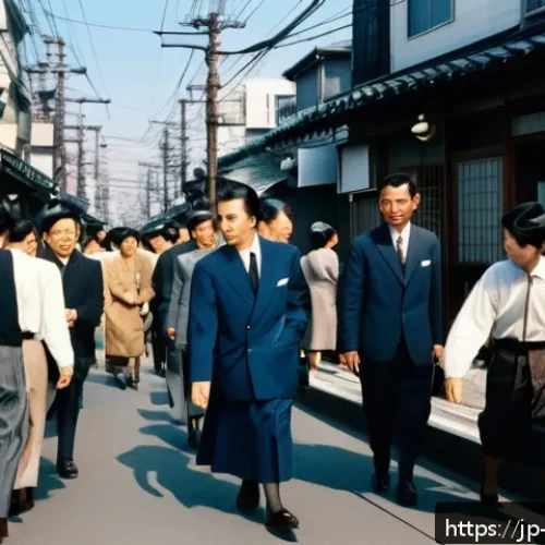 일본의 경제 성장 역사 - A bustling 1960s Japanese urban street scene in Tokyo during the rapid economic growth period, featu...