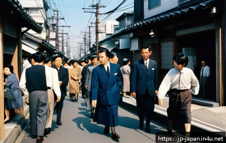 일본의 경제 성장 역사 - A bustling 1960s Japanese urban street scene in Tokyo during the rapid economic growth period, featu...