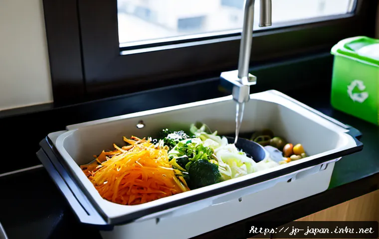 일본에서의 음식물 쓰레기 처리 방법 - Photorealistic Japanese home kitchen, an adult carefully draining vegetable peels and leftover food ...